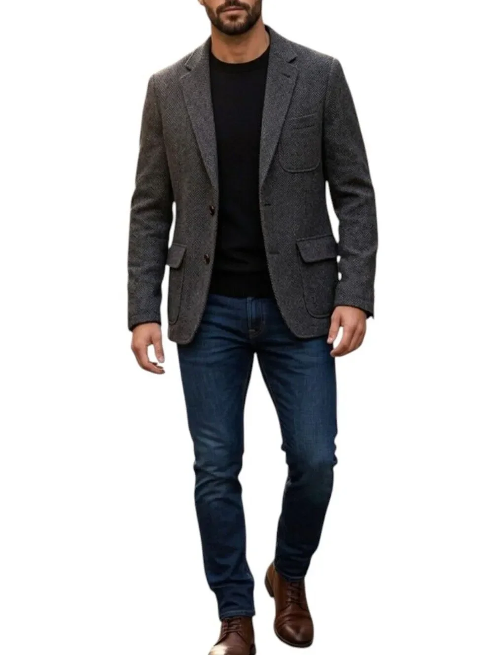 Abercrombie & Fitch Men's Wool Blend Herringbone Blazer Jacket Charcoal Gray L